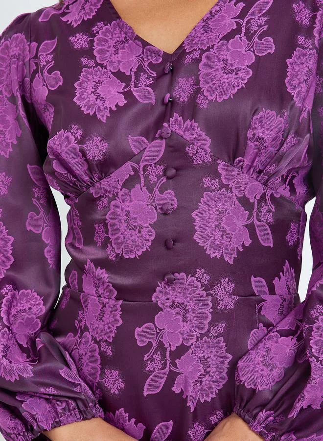 Styli Women Purple Floral Balloon Sleeves Sheath Midi Dress